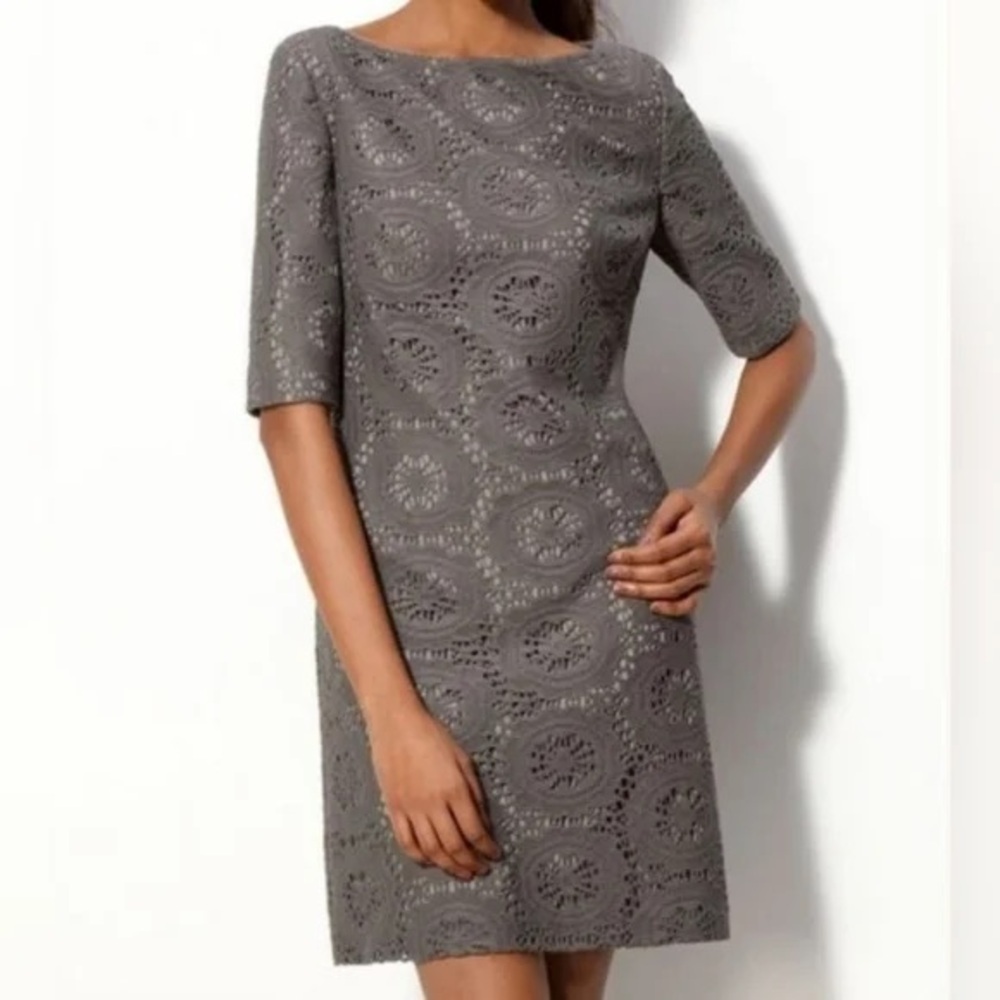 Adrianna Papell Gray Lace Sheath Dress Crochet Overlay Lined Size 6
